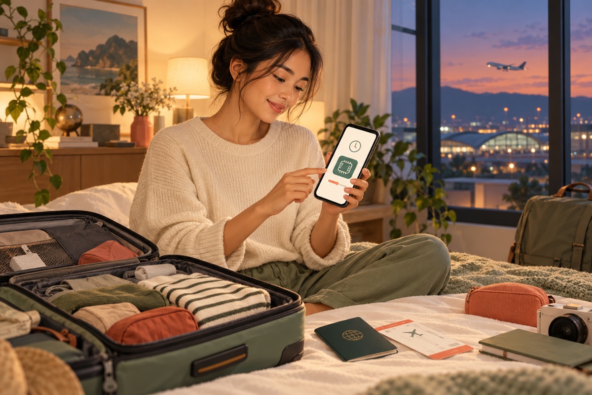 Traveler memasang eSIM pada malam sebelum keberangkatan dengan koper yang sudah disiapkan